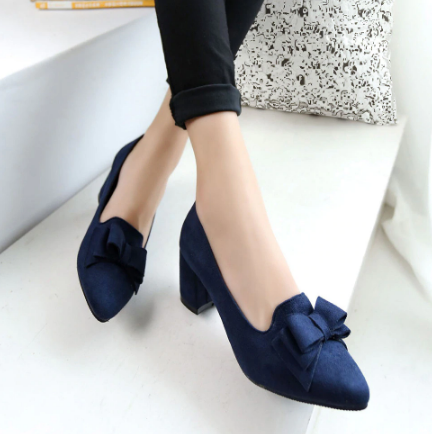2019 Candy Color Women Pumps Shallow Color Women's Bowknot Suede Block Thick High Heels Shoes Bowtie Working Shoes
