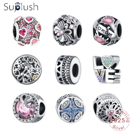 Suplush 100% 925 Sterling Silver Sparkling Bead Charms Fit Original Pandora Bracelet Women Diy Jewelry Accessories Gift